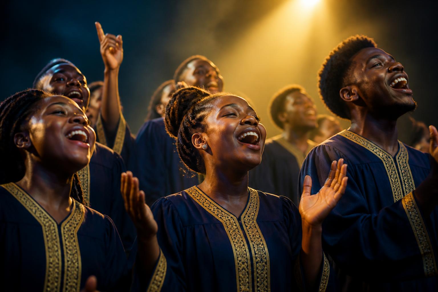 Imvula Youth Choir singing in indigo and gold robes