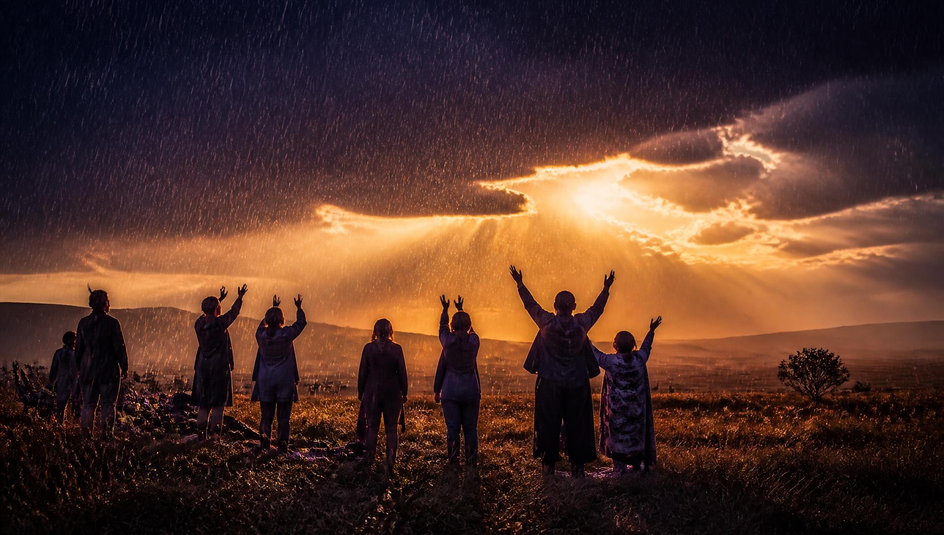 People standing with hands raised as rain falls over a South African landscape at dusk